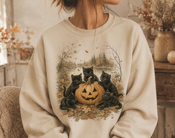 Vintage Halloween Black Cat Sweatshirt, Retro Halloween Sweater, Fall 90s Cat Crewneck, Vintage Pumpkin Cat Sweater, Spooky Cat Lover Gift
