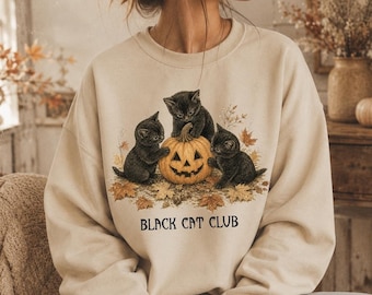Vintage Halloween Black Cat Sweatshirt, Retro Halloween Sweater, Fall 90s Cat Crewneck, Vintage Pumpkin Cat Sweater, Spooky Cat Lover Gift