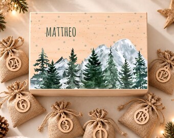 Personalisierter Adventskalender mit Name, Holz Adventskalender mit Jutesäckchen zum Befüllen, Adventskalender Kiste, Weihnachtskalender