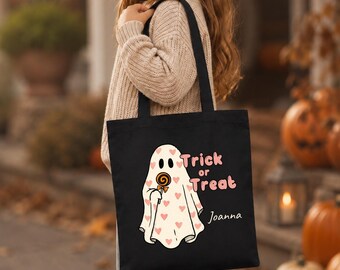 Personalized Ghost Trick or Treat Bag, Halloween Tote Bag for Sweets, Custom Trick or Treat Candy Bag, Cute Halloween Canvas Trick Gift Bag
