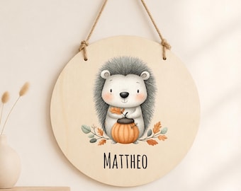 Personalisiertes Holzschild für Kinder, Kinderzimmer Halloween Türschild mit Name, Holz Namensschild Waldtier, Babyzimmer Herbst Holzschild