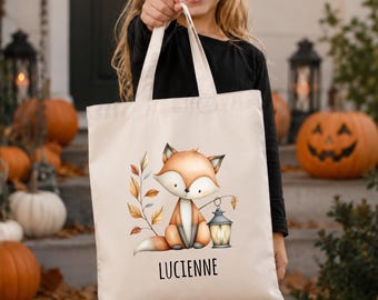 Personalisierte Halloween Tasche Kinder, Süßes Saures Jutebeutel, Süßigkeitentasche Name, Herbst Stoffbeutel Tiere, Halloween Geschenk Kind