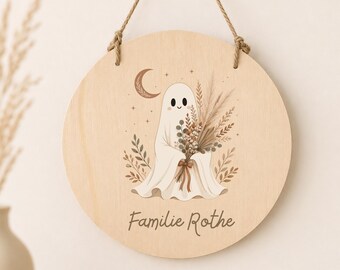 Personalisiertes Holzschild mit Name, Boho Eingangsschild, Herbst Türschild, Holz Geschenk Familienschild, Geist Kinderzimmer Namensschild