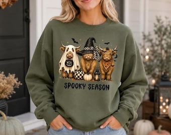 Cows Halloween Sweatshirt, Ghost Cow Sweatshirt, Spooky Season Sweater, Fall Highland Cow Crewneck, Funny Halloween Gift Halloween Party