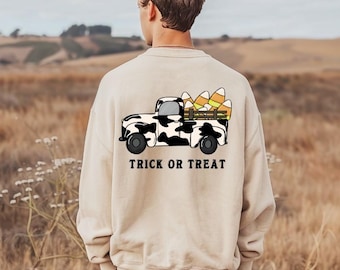 Halloween Candy Corn Sweatshirt, Fall Cow Truck Sweater, Funny Candy Corn Gift, Trick or Treat Candy Crewneck, Candy Corn Truck Sweatshirt