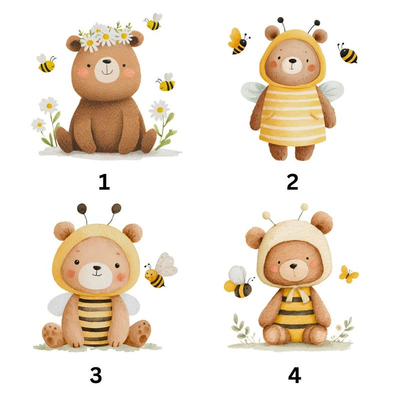 May include: Four watercolor illustrations of brown bears labeled 1 through 4. Bear 1 wears a daisy crown. Bear 2 wears a yellow striped bee costume with wings. Bear 3 wears a yellow bee hood and striped outfit. Bear 4 wears a bee hood and striped shirt.