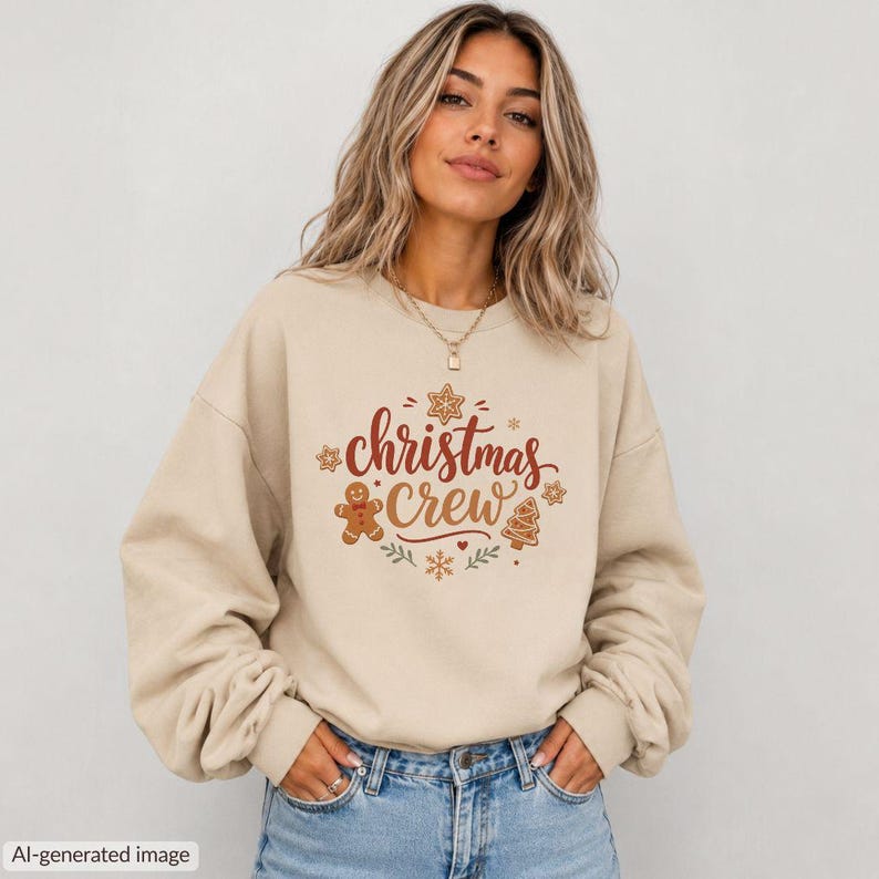 May include: A beige crewneck sweatshirt featuring the text "christmas crew" in red script, surrounded by graphic illustrations of a gingerbread man, a Christmas tree, and snowflakes in brown, red, and green tones.