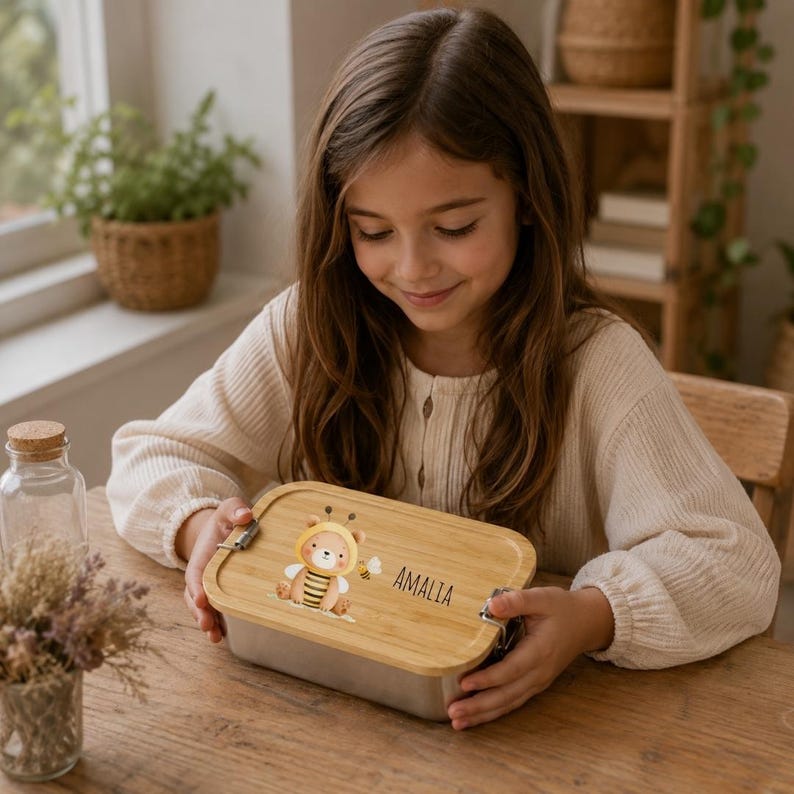 May include: A rectangular metal lunch box with a light-colored bamboo lid. The lid features a printed illustration of a cartoon bear dressed as a bee and the name AMALIA in black text. The lid is secured with two silver-colored metal latches.