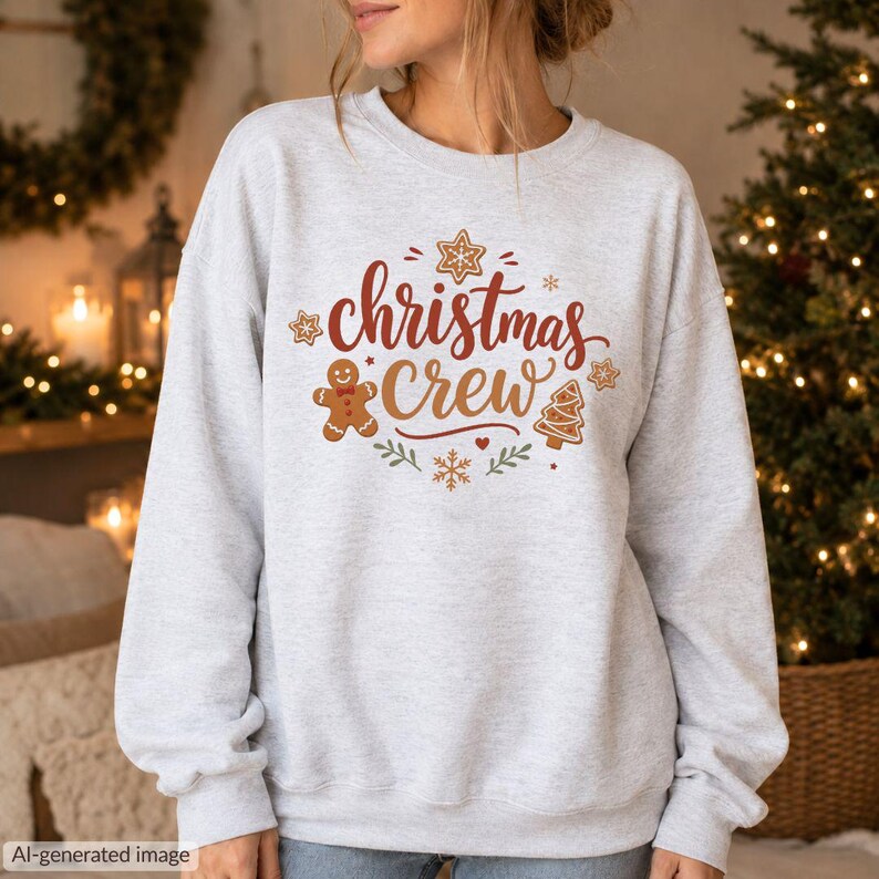 May include: A light gray crewneck sweatshirt featuring the text Christmas Crew in red and brown script. The design includes a gingerbread person, a gingerbread tree, and various snowflake and star accents printed on the front.