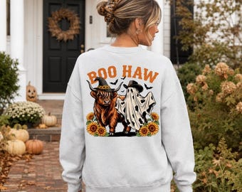Western Halloween Sweater, Halloween Country Sweatshirt, Haw Cowboy Ghost Crewneck, Howdy Texas Fall Sweatshirt, Cows Halloween Sweatshirt