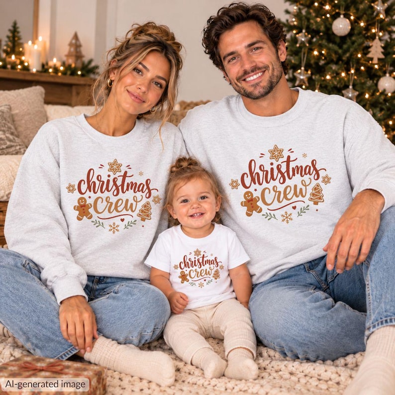 May include: Two adults and one child wearing light gray crewneck sweatshirts and a white t-shirt, all featuring the text "christmas crew" in brown script, surrounded by gingerbread man, tree, and snowflake illustrations.