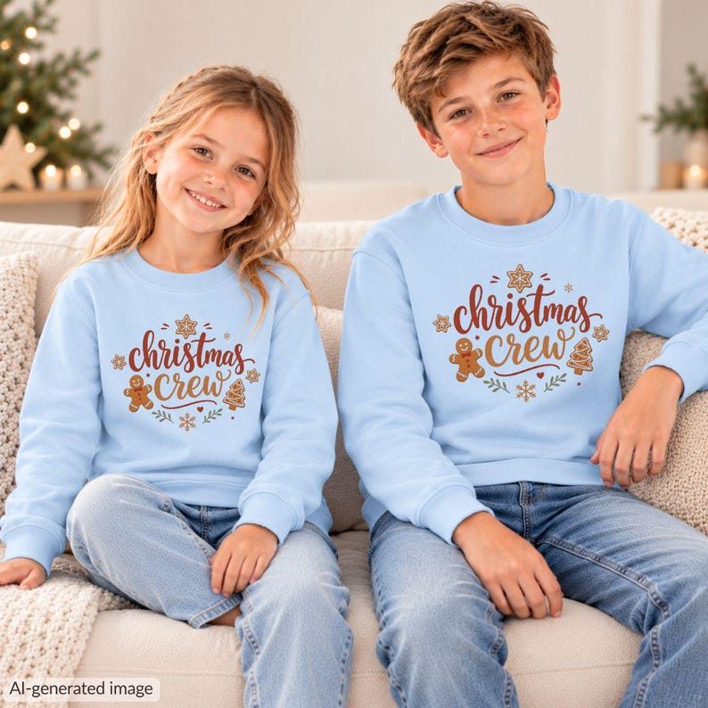 May include: Two light blue long-sleeve sweatshirts featuring a graphic print that says Christmas Crew in brown script, surrounded by illustrations of gingerbread people, Christmas trees, and snowflakes in brown and white.