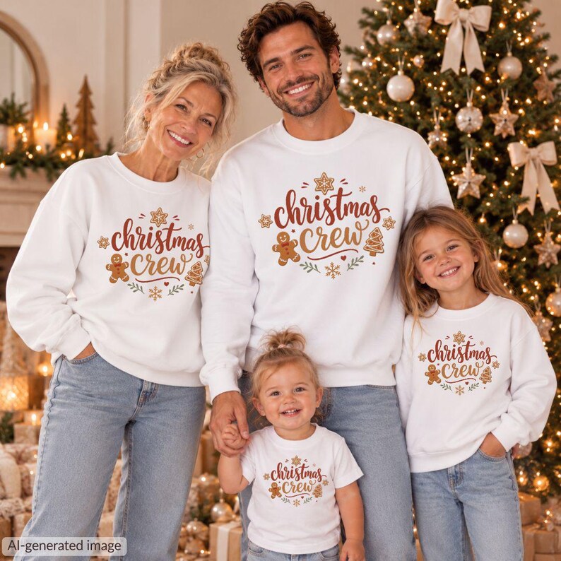 May include: Matching white crewneck sweatshirts and a t-shirt featuring the text Christmas Crew in red and brown script, surrounded by gingerbread man, snowflake, and tree illustrations. The garments are worn with blue denim jeans.