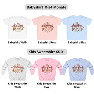 May include: A collection of three short-sleeved baby shirts and three long-sleeved kids sweatshirts in white, pink, and light blue. Each garment features a central graphic with the text Christmas Crew and gingerbread cookie illustrations.