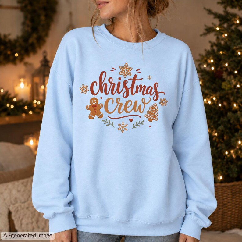 May include: A light blue long-sleeve sweatshirt featuring the text "christmas Crew" in red and brown script. The design includes a brown gingerbread man, a brown Christmas tree, and several small brown stars and snowflakes.