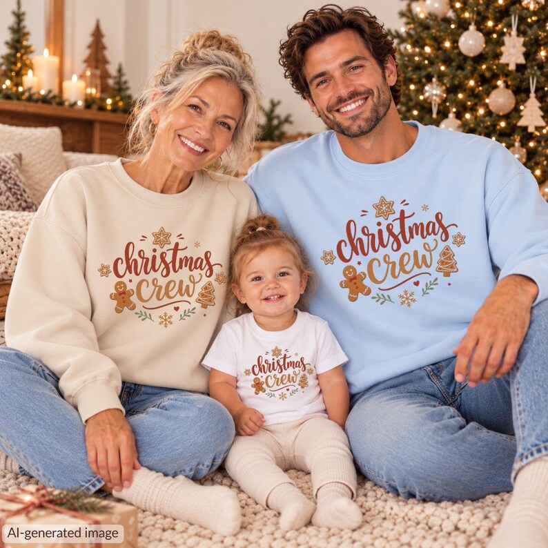 May include: A beige sweatshirt, a light blue sweatshirt, and a white t-shirt, each featuring the text "christmas crew" in brown script, surrounded by graphic illustrations of gingerbread people, stars, and snowflakes.