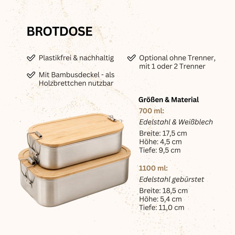 May include: Two rectangular stainless steel food containers with bamboo lids and metal latches. Text includes BROTDOSE, 700 ml dimensions 17.5 cm by 4.5 cm by 9.5 cm, and 1100 ml dimensions 18.5 cm by 5.4 cm by 11.0 cm, plus German product feature text.