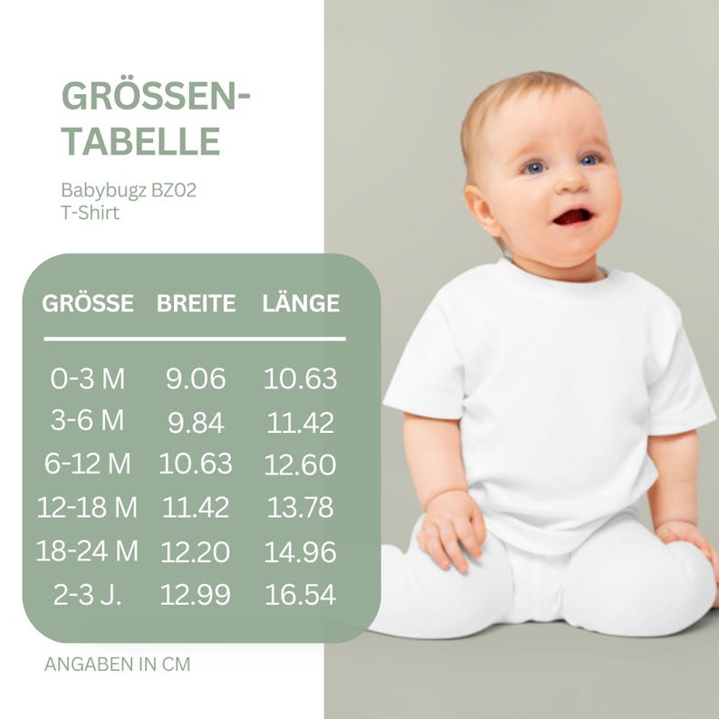 May include: A size chart for a Babybugz BZ02 t-shirt with columns for size, width, and length in centimeters. The chart lists sizes from 0-3 M to 2-3 J. Next to the chart is a baby wearing a plain white short-sleeved t-shirt.