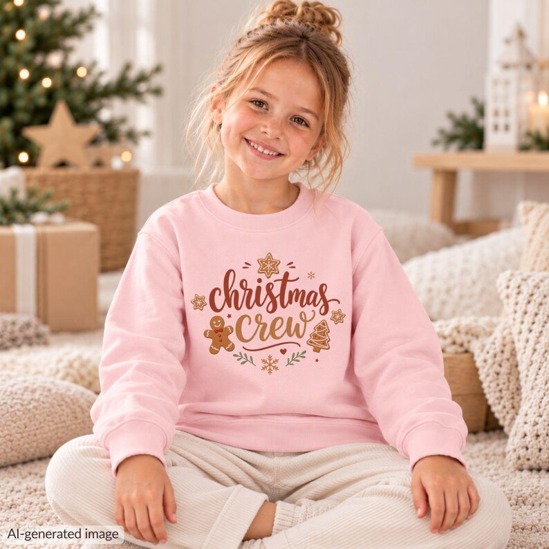 May include: A light pink long-sleeve sweatshirt featuring a brown graphic print that reads Christmas Crew, surrounded by illustrations of a gingerbread man, a Christmas tree, and snowflakes, with ribbed cuffs and a crew neckline.