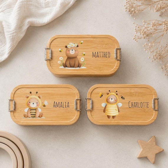 Personalisierte Brotdose Bär mit Namen, Brotdose Kindergarten, Bienen Bär Brotdose Schule, Kinder Brotdose Edelstahl, Geschenk Einschulung