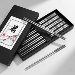 2 Pairs Reusable Stainless Steel Chopsticks - Laser Engraved Grip, Dishwasher Safe, 9 Inch Metal Chopstick Set - View #7
