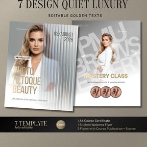 Puede incluir: Gráfico promocional con el texto "7 DESIGN QUIET LUXURY" y "EDITABLE GOLDEN TEXTS". La imagen presenta a una mujer y el texto "PHOTO RETOQUE BEAUTY" y "MASTERY CLASS". Incluye una lista de elementos.