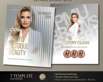 Quiet Luxury Beauty Course Template Bundle | Canva Editable Certificate, Flyer & Welcome Brochure for Aesthetic Academy