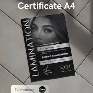 Op de afbeelding: Een zwart-wit A4-certificaat met de tekst "Certificate A4" bovenaan. Het certificaat bevat een grijswaardenafbeelding van een persoon en het woord "LAMINATION" verticaal. Het certificaat is voor "Brow Lamination" en is volledig bewerkbaar.
