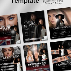 Op de afbeelding: Een digitaal sjabloonpakket met 12 luxe beauty-flyers voor Canva, inclusief 6 posts en 6 stories. De ontwerpen bevatten professionele fotografie van modellen, tekstoverlays voor permanente make-up cursussen en een zilveren kleurenschema.