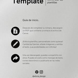 May include: A light gray graphic with the word "Template" in bold black letters. The image includes instructions on how to use templates, with icons and text in Spanish. The text includes "@eliora_design" and a call to action.