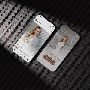 May include: Two smartphones displaying social media content. One screen shows a woman with text "Photo Retoque Beauty". The other screen displays a woman with text "CHIC PMU BROWS" and "Mastery Class". The background is a textured, dark surface.