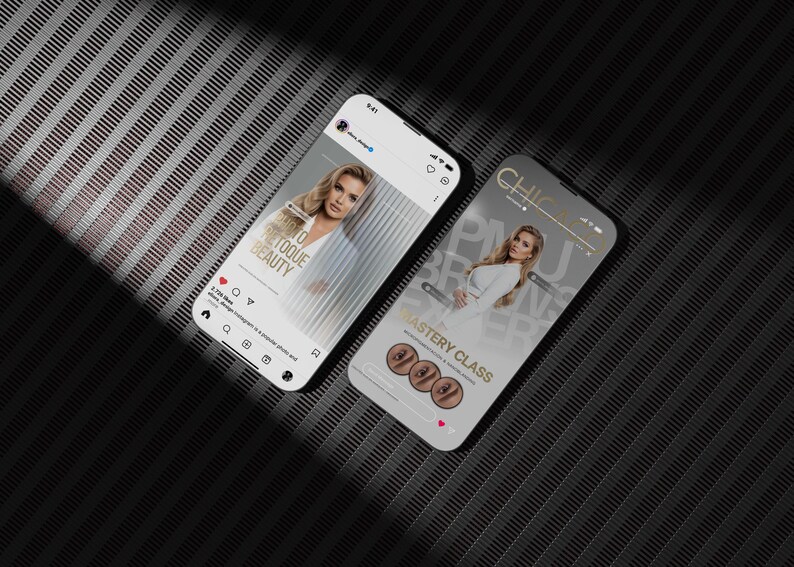 May include: Two smartphones displaying social media content. One screen shows a woman with text "Photo Retoque Beauty". The other screen displays a woman with text "CHIC PMU BROWS" and "Mastery Class". The background is a textured, dark surface.