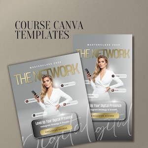May include: Two promotional flyers with the text "COURSE CANVA TEMPLATES". Each flyer features a woman in a white blazer holding a phone. The text "THE NETWORK" and "Level Up Your Digital Presence" are visible.