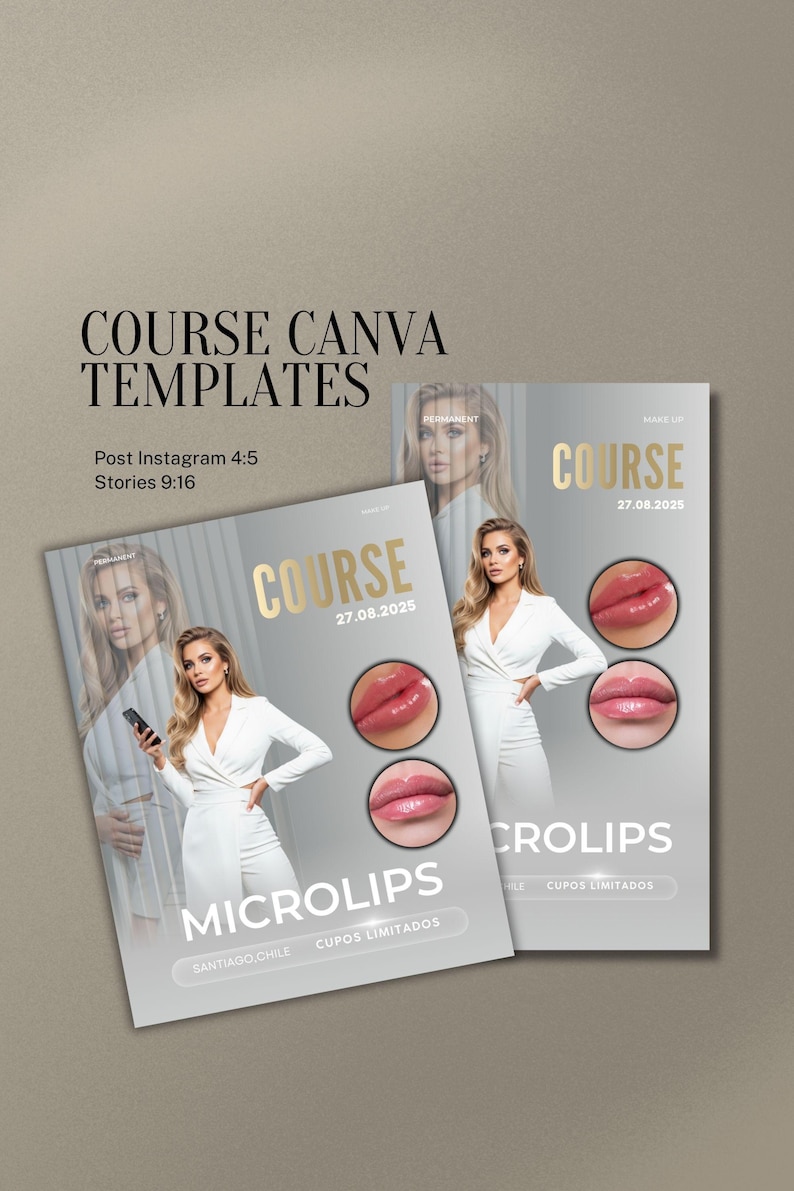 May include: A promotional graphic for a makeup course, featuring a woman in a white outfit. The design includes the text "COURSE" and "MICROLIPS" with the date "27.08.2025". The image also displays examples of lip enhancements.