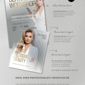 May include: A certificate and promotional materials featuring a woman with blonde hair. The certificate has gold lettering that reads "CERTIFICATE WORKSHOP" and "Rachel L. Hans". The promotional materials include the text "PHOTO RETOQUE BEAUTY".