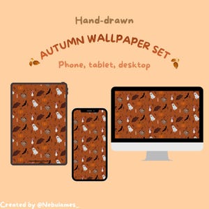 Peut inclure: Un ensemble de fonds d'écran pour téléphone, tablette et ordinateur avec un motif dessiné à la main de fantômes, citrouilles, chauves-souris, champignons et feuilles sur fond orange. Le texte indique Hand-drawn AUTUMN WALLPAPER SET.