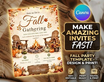 Editable Fall Party Invitation, Autumn Harvest Bonfire Night canva (Digital Download), Halloween Invite