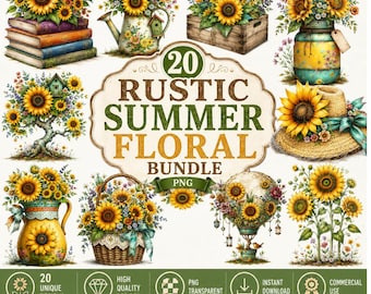 Rustic Summer Floral PNG Bundle | Wildflower Clipart Digital Download | Boho Floral Sublimation Design | Vintage Flower PNG