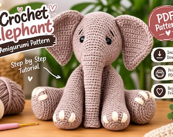 Haakpatroon voor een olifant (PDF), handleiding voor een amigurumi-olifant, schattig handgemaakt gehaakt speeltje, zelfgemaakte olifantenknuffel, haakpatroon voor beginners