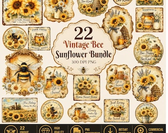 Vintage Bee Sunflower Bundle PNG, Rustic Floral Sublimation Design, Honey Bee Wildflower Clipart, Retro Farmhouse Shirt PNG Digital Download