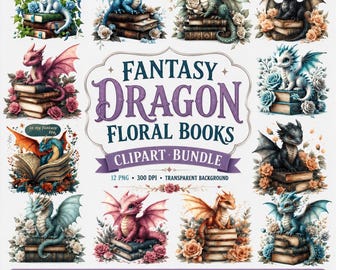 Fantasy Dragon Books PNG | Magical Reading Dragon Clipart | Book Lover Fantasy Art | Dragon Reader Digital Download | Sublimation Design