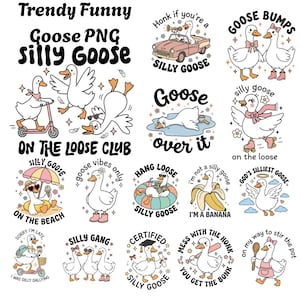 Pode incluir: Uma coleção de gráficos extravagantes com tema de ganso com frases como "Silly Goose", "Goose Over It" e "On the Loose Club". Os desenhos apresentam gansos de desenho animado em vários cenários, incluindo patinação, dirigir um carro e relaxar na praia.