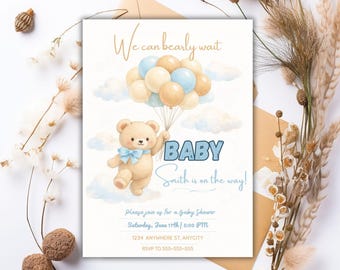 Baby showeruitnodiging bruine beer ballon, blauw boho-thema (canvasjabloon digitale download
