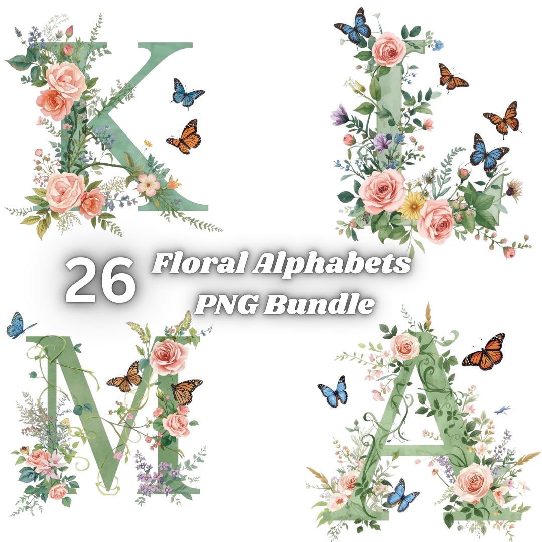 Floral Alphabet Letter Clipart Bundle, Floral Alphabet PNG Bundle ...