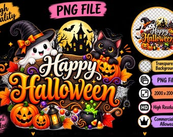 Happy Halloween Pumpkin Clipart, Whimsical Jack O Lantern PNG (Digital Download)