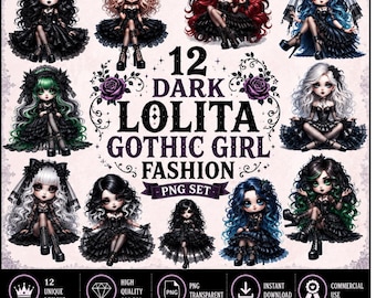 Lolita Gothic Girls Clipart Bundle, Dark Watercolor Goth Girl Graphics for Invitations Scrapbooking Stickers Halloween Cards, PNG