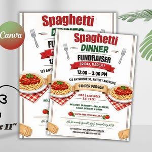 May include: A flyer for a Spaghetti Dinner Fundraiser, featuring text and illustrations. The design includes a red and white color scheme, with images of spaghetti and a fork. The flyer is 8.5" x 11".