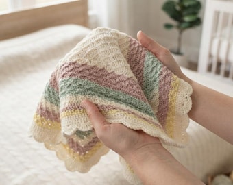 Haakpatroon babydeken, pastelkleurige gestreepte deken voor pasgeborenen, deken met geschulpte rand, erfgoeddeken voor peuters.