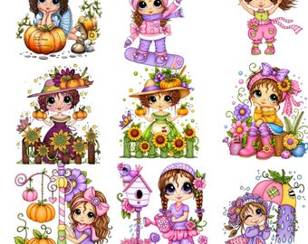 Cute Big Eye Girls PNG Bundle | Whimsical Doll Clipart | Garden & Seasonal Girls | Kawaii Character PNG | Instant Download