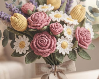 Haakpatroon voor een boeket, handleiding voor het maken van een bloemstuk met amigurumi, zelfgemaakte rozen, tulpen, madeliefjes en lavendelbloemen.